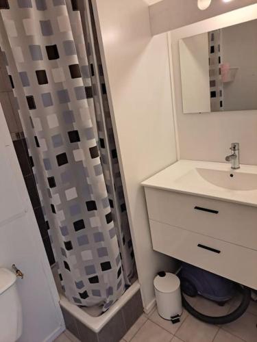 une salle de bain avec un lavabo et un rideau de douche dans l'établissement La Brigantine 613, superbe vue mer pour ce joli T2, au Cap d'Agde
