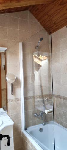 a shower with a glass door in a bathroom at ALTOGREDOS Hotel Rural y apartamentos turísticos in Hoyos del Espino