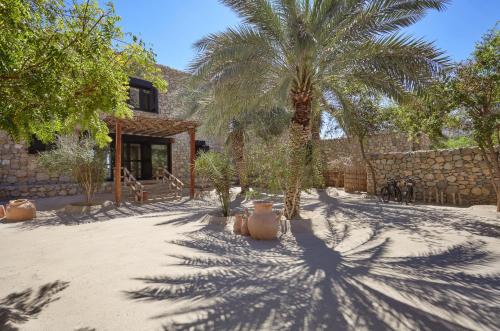 a courtyard with palm trees and a building at Six Senses Zighy Bay in Dibba