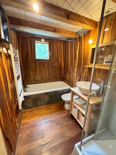 une salle de bain avec une baignoire, des toilettes et un lavabo dans l'établissement Maison agréable et écologique à sept kilomètres de l' océan, à Bias