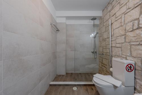 a bathroom with a white toilet and a shower at Petrina 3 villa by the sea in Keratokampos