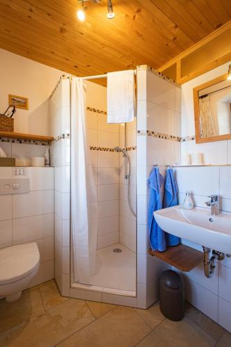 a bathroom with a shower and a sink at Ferien beim Baur in Bad Bayersoien