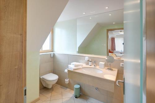 a bathroom with a sink and a toilet and a mirror at Landhotel Steigenhaus in Untermünkheim