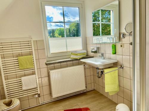 a bathroom with a sink and a window at Berghotel Talblick in Holzhau
