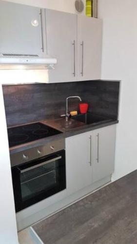 une cuisine avec un évier et une cuisinière dans l'établissement 2 pièces rénové 36 m² - sud avec vue montagne, à Villard-de-Lans