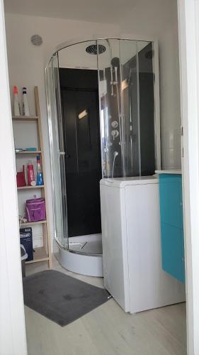 une salle de bain avec une douche avec une porte vitrée dans l'établissement 2 pièces rénové 36 m² - sud avec vue montagne, à Villard-de-Lans