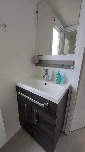 a bathroom with a sink and a mirror at Mobilhome 3 chambres TV-WIFI-Lave-linge in Pont-Aven