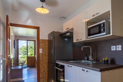 a kitchen with a sink and a microwave at La maison rocher in Fournels