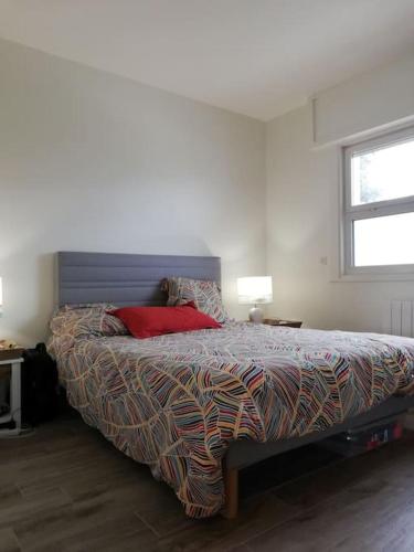 - une chambre avec un lit doté d'un oreiller rouge et d'une fenêtre dans l'établissement Accès direct plage, à Hyères