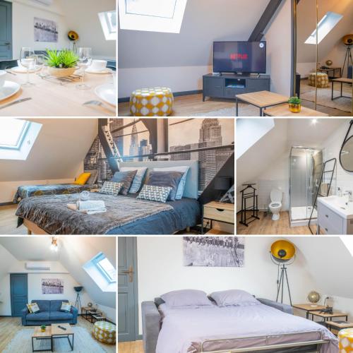 un collage de photos d'une chambre et d'un salon dans l'établissement Tout simplement NEW YORK, à Bourges