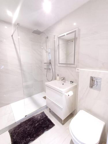 une salle de bain blanche avec une douche, des toilettes et un lavabo dans l'établissement Studio le diamant, 3pers, 2 lits, wifi, à Agen