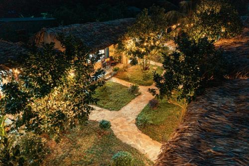 an overhead view of a garden at night with lights at Cozy Beer Garden Homestay in Ninh Binh