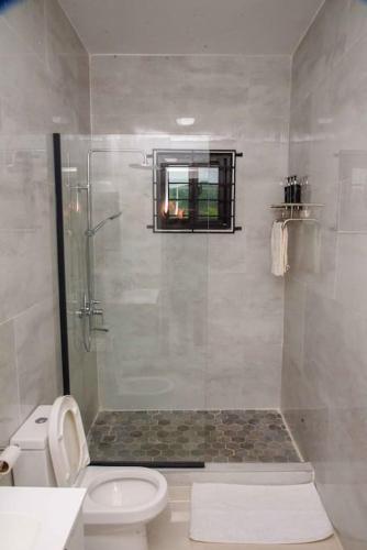 a bathroom with a shower with a toilet and a window at Oricha Villa in Ocho Rios