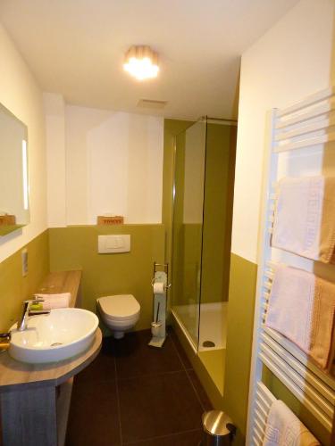 ein Bad mit einem Waschbecken, einem WC und einer Dusche in der Unterkunft Zum Kronprinzen Hotel Garni in Weyher
