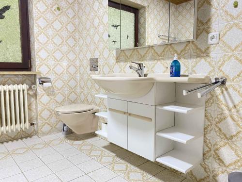 ein Badezimmer mit Waschbecken, Toilette und Spiegel in der Unterkunft SAD200 - Komfortable Monteurwohnungen in Schwandorf in Schwandorf in Bayern