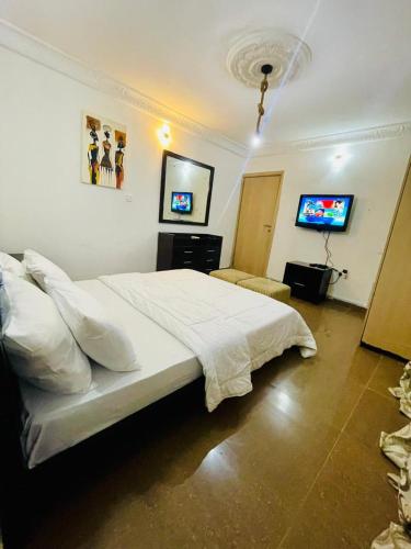 a bedroom with a large bed and a flat screen tv at Maitama Apartment in Abuja