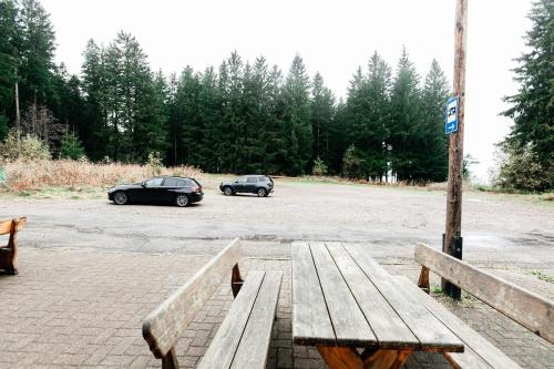 two cars parked in a parking lot with a wooden bench at Naturfreundehaus Brend in Neuweg