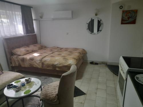 a small room with a bed and a table and chairs at Apartman Tomic in Brčko
