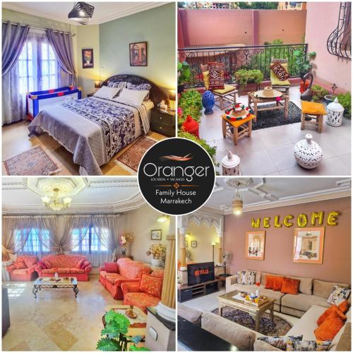 a collage of pictures of a bedroom and a living room at Oranger Family House Marrakech City Center, Private Large House, Terasse Garden View, Free Parking in Marrakech
