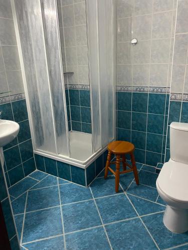 a bathroom with a shower and a toilet and a stool at Dom Pielgrzyma ARKA in Licheń Stary