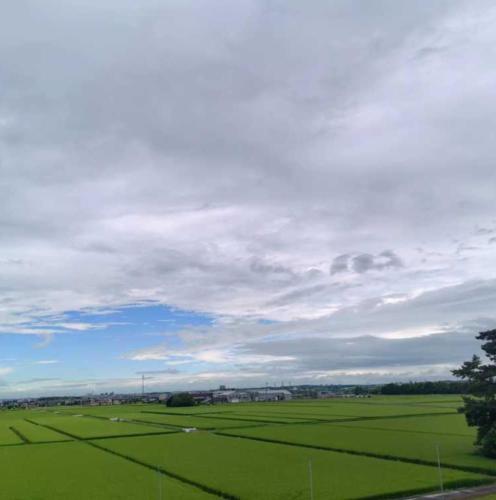 a large green field with a cloudy sky at 三河温泉酒店 in Nishio