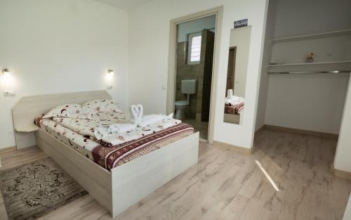 a bedroom with a bed in a room with a mirror at Casa Bokor in Sovata