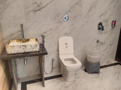 a bathroom with a white toilet and a sink at Pinewood mahabaleshwer in Panchgani