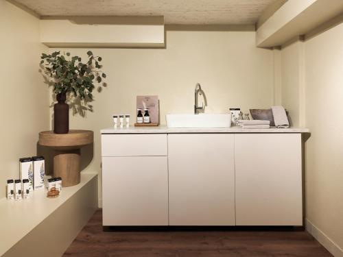 a kitchen with a sink and a counter at Townhouse Maastricht & Spa in Maastricht