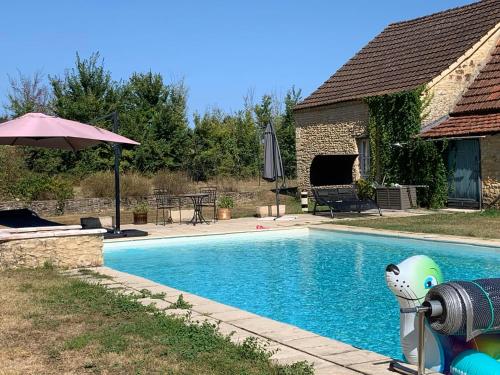 - une piscine avec un requin jouet à côté d'une maison dans l'établissement La chaumière, à Varneil