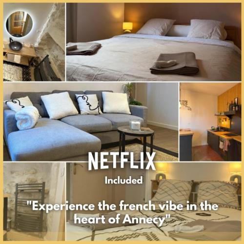 un collage de trois photos d'une chambre avec un lit dans l'établissement French Loft - Central & Comfy, à Annecy