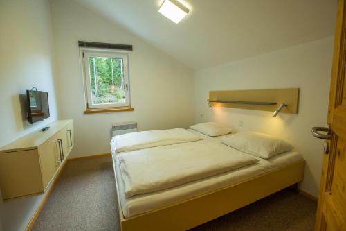 a small bedroom with a bed and a window at Alpendorf Dachstein West by ALPS RESORTS in Annaberg im Lammertal