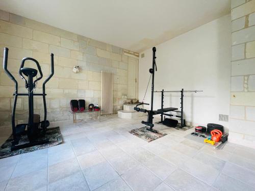 a room with a gym with two treadying machines at Domaine Jeanne de Laval in La Bohalle