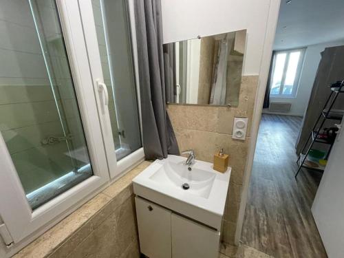 une salle de bain avec un lavabo, une douche et un miroir dans l'établissement Joli Studio RDC à 100m des plages, à Toulon
