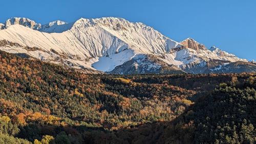une montagne enneigée avec des arbres au premier plan dans l'établissement Studio de plain-pied dans un chalet, à Mens