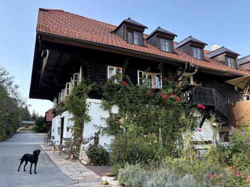 a black dog standing in front of a house at Sechtlberggut in Plain