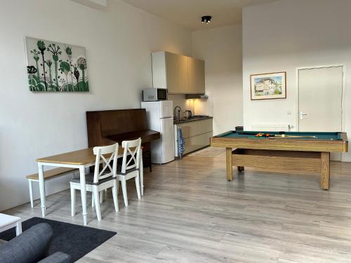 a living room with a pool table and a kitchen at Monumental independent Studio, City Centre Dordrecht in Dordrecht