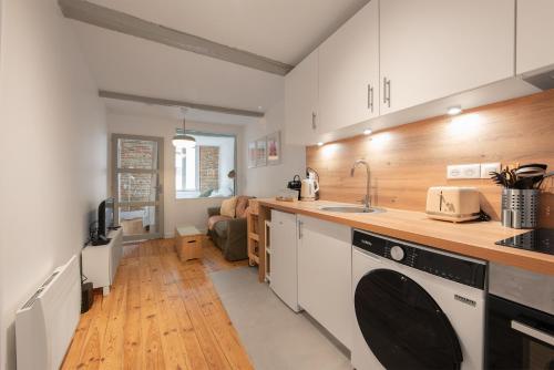 une cuisine avec un évier et un lave-vaisselle dans l'établissement Relais de la Gare - appartement traversant et calme, à Toulouse