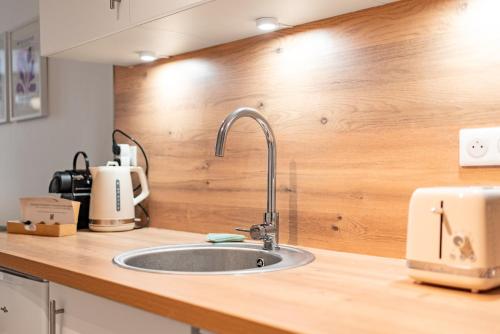 un comptoir de cuisine avec un évier dans une cuisine dans l'établissement Relais de la Gare - appartement traversant et calme, à Toulouse