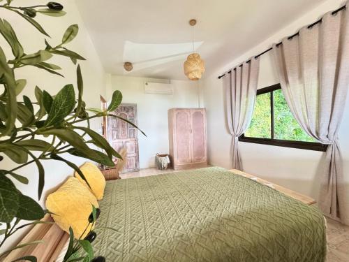 a bedroom with a green bed and a plant at Sea Dreamer Ao Yon Beach House in Ban Ao Makham