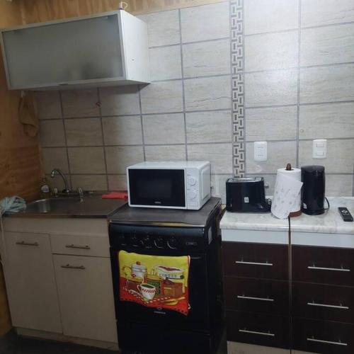 a kitchen with a microwave on top of a refrigerator at Cabañas Tampier Hornopirén in Hornopiren