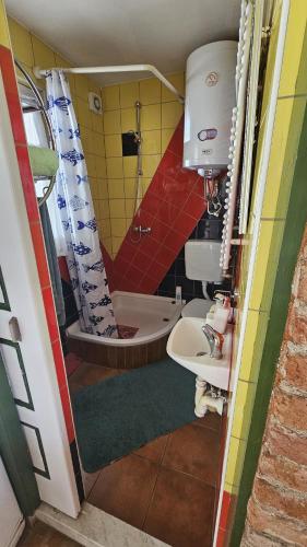 a bathroom with a shower and a sink and a toilet at Jurina Hiža in Beletinec