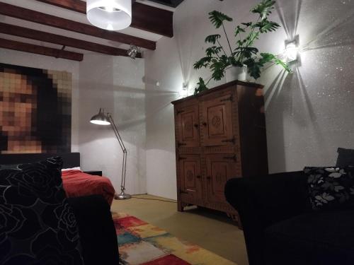 a bedroom with a large wooden cabinet and a plant on the wall at Happy in Deventer in Deventer