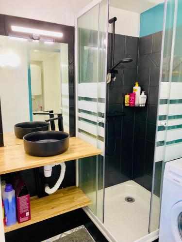 une salle de bain avec un lavabo et une douche dans l'établissement Villa Domaine des Pins, Magasins proches, Piscine, à Fréjus