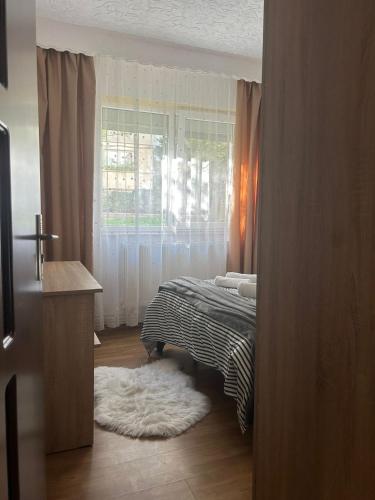 a bedroom with a bed and a window and a rug at Casa Luci in Zalău