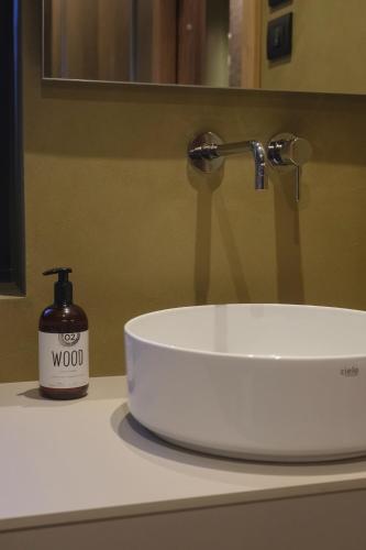 a white bathroom sink with a soap dispenser on a counter at Flos Hotel in Moena