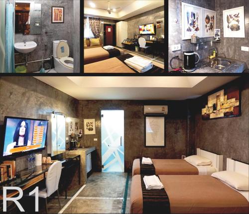 two pictures of a room with beds and a bathroom at Phuket Paradiso in Chalong 