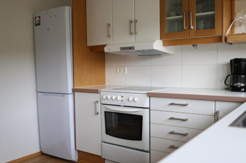 a kitchen with white appliances and a white refrigerator at Hekla Adventures in Hvolsvöllur