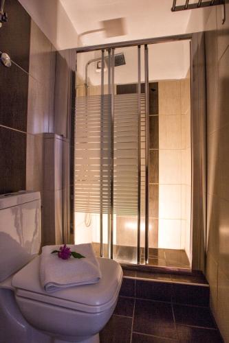 a bathroom with a toilet with a towel on it at ILIDA apartments in Nea Peramos