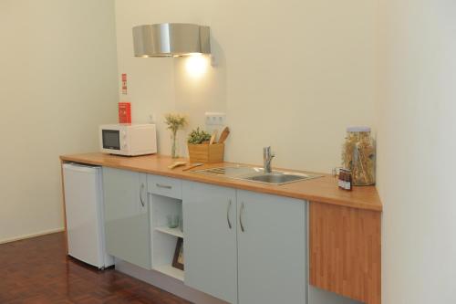 una cucina con bancone, lavandino e forno a microonde di Porto City Center Mercado do Bolhão Prime location jesuína e as 3 janelas a Porto