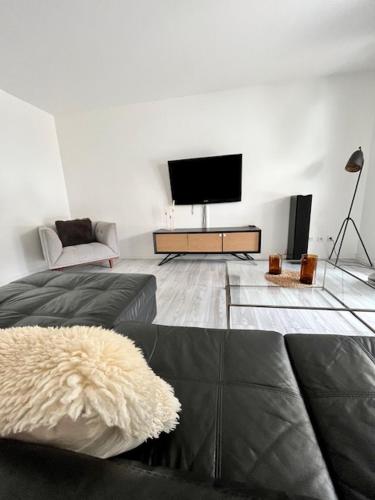 un salon avec un canapé et une télévision à écran plat dans l'établissement Coloc City Center - 2 chambres, à Annemasse